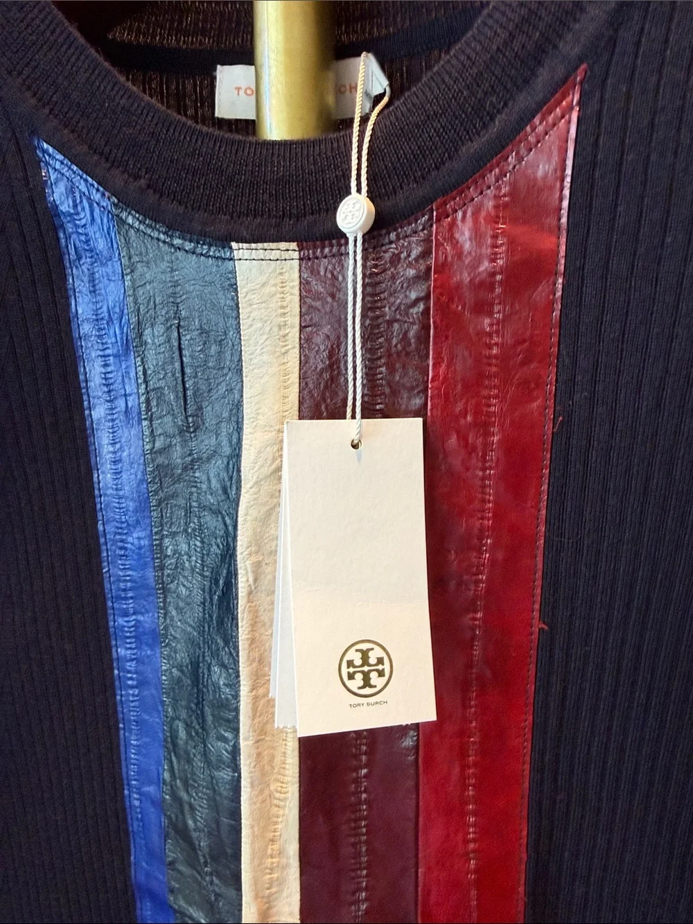 TORY BURCH RETRO-MOD JACINTHE SWEATER NAVY MIRINO WOOL EEL LEATHER STRIPES